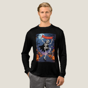 Lustiges Skelett tanzt mit "Happy Halloween"-Banne Tri-Blend Shirt