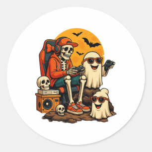 Lustiges Skelett-Videospiel Halloween-Gaming-Gamer Runder Aufkleber