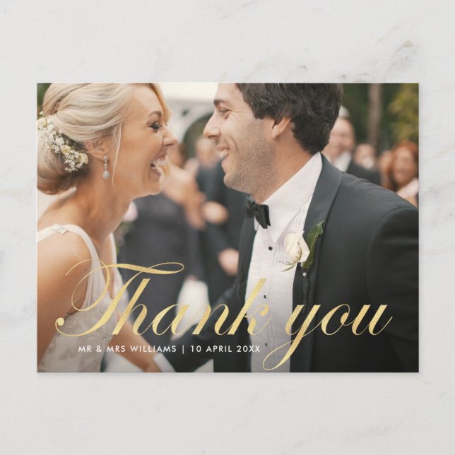 lustiges Skript | Hochzeit danke Ihnen Fotokarte Postkarte (Vorderseite)