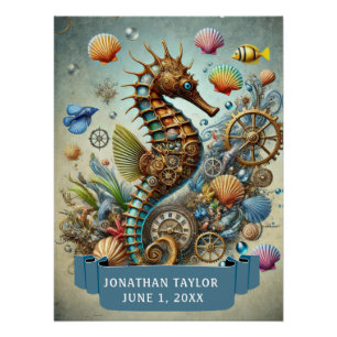 LUSTIGES STEAMPUNK-SEEPFERD MIT NAMEN Kindergeburt Poster