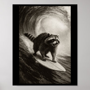 Lustiges Surfen Waschbär Selfie Auf Surfboard Stra Poster