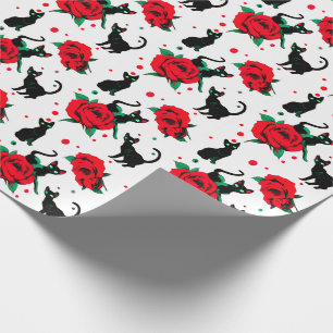 Lustiges Süßes Schwarz Katzen Rote Rosen Muster Geschenkpapier