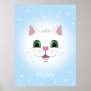Lustiges süßes weißes Katzen-Gesicht auf hellblau Poster