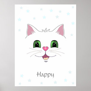Lustiges süßes weißes Katzen-Gesicht und Sterne Poster