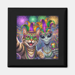 Lustiges T-Shirt Katze Alien Selfie Mardi Gras Magnet