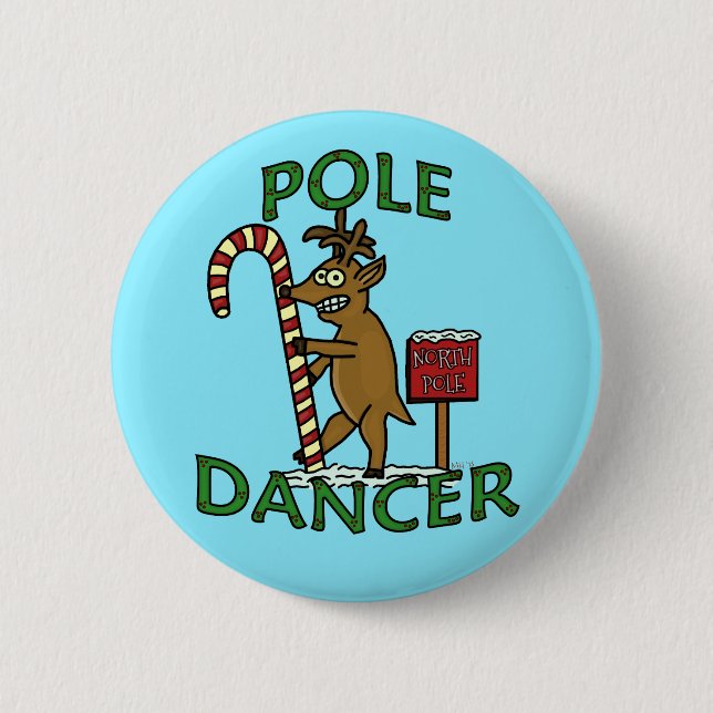 Lustiges Tänzer-Weihnachtsren-Wortspiel-Blau Button (Vorderseite)