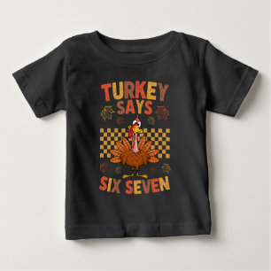 Lustiges „Truthahn sagt sechs sieben“ Thanksgiving Baby T-shirt