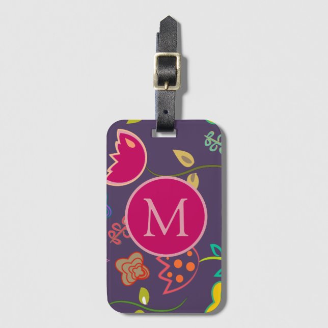 Lustiges Tulpenmuster Lila Monogramm Gepäckanhänger (Vorderseite Vertikal)