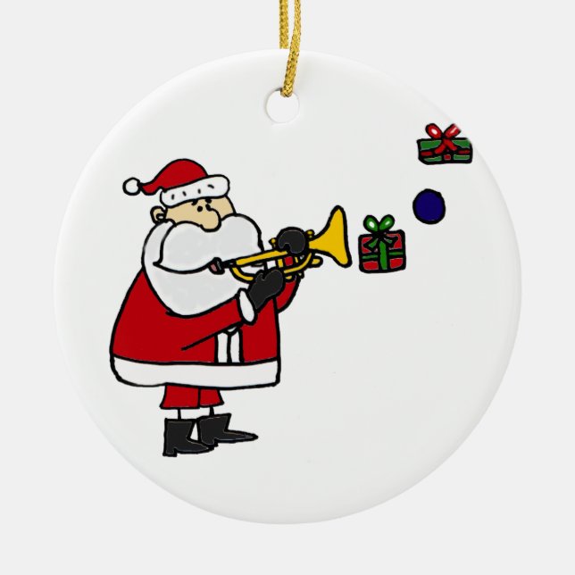 Lustiges Weihnachten Sankt, die Trompete spielt Keramik Ornament (Vorne)