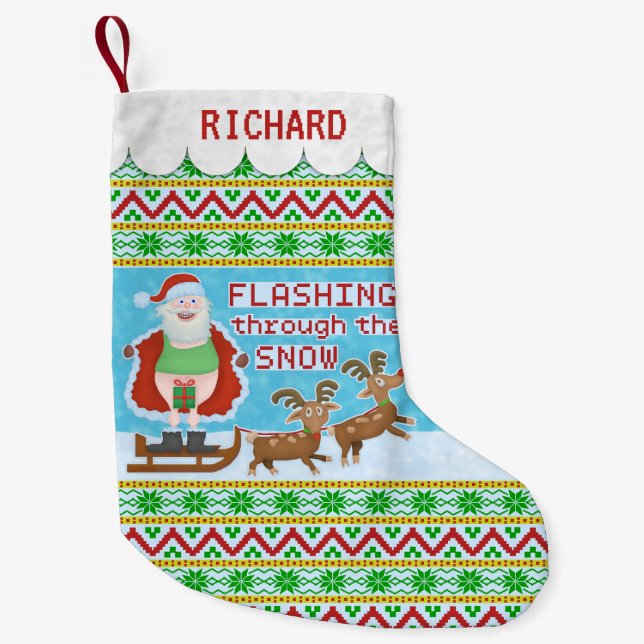 Lustiges Weihnachten | Weihnachtsmann, der durch Kleiner Weihnachtsstrumpf (Vorderseite)