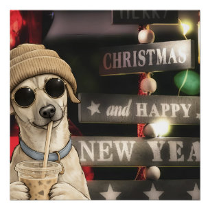 Lustiges Weihnachts-Hund trinkt Bubble Tea Poster