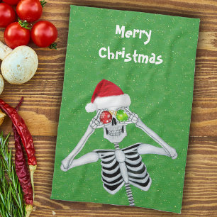Lustiges Weihnachts-Skelett-Ornament Augen auf Grü Geschirrtuch