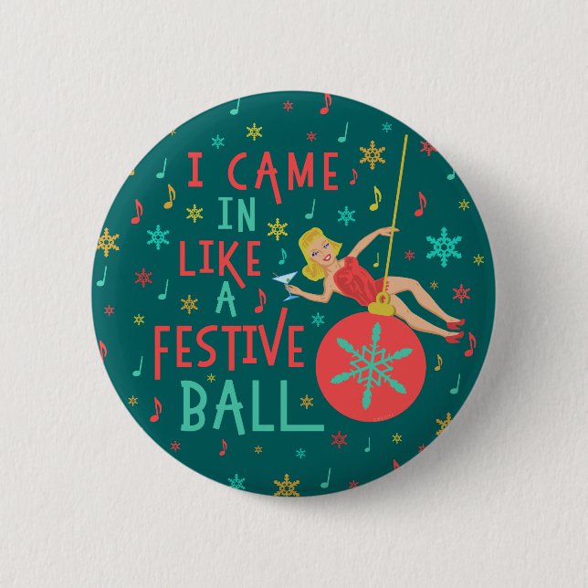 Lustiges WeihnachtsRetro Frau auf festlichem Button (Vorderseite)