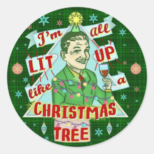 Lustiges WeihnachtsRetro trinkender Spaß-Mann-Lit Runder Aufkleber