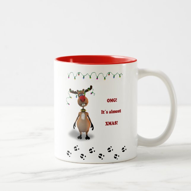 Lustiges Weihnachtsrotes gerochenes Ren Zweifarbige Tasse (Rechts)