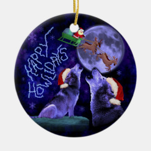 Lustiges Weihnachtswolf-Wortspiel glücklicher Keramikornament