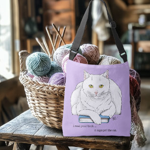 Lustiges Weißes Katzenbuch Lesender Humor Lila Tragetaschen Mit Langen Trägern