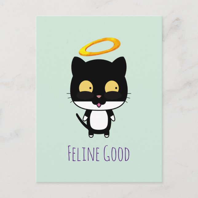 Lustiges Wortspiel-schwarze Katze mit einem Postkarte (Vorderseite)