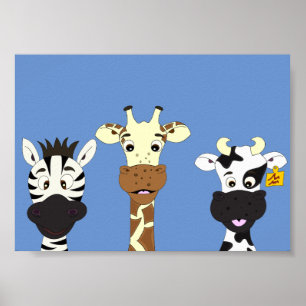 Lustiges Zebra-Giraffen-Kuh-Cartoon-Kinderposter Poster