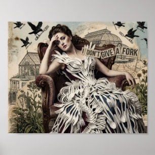Lustiges Zitat Vintage-Frau in einem Gabelkleid Poster