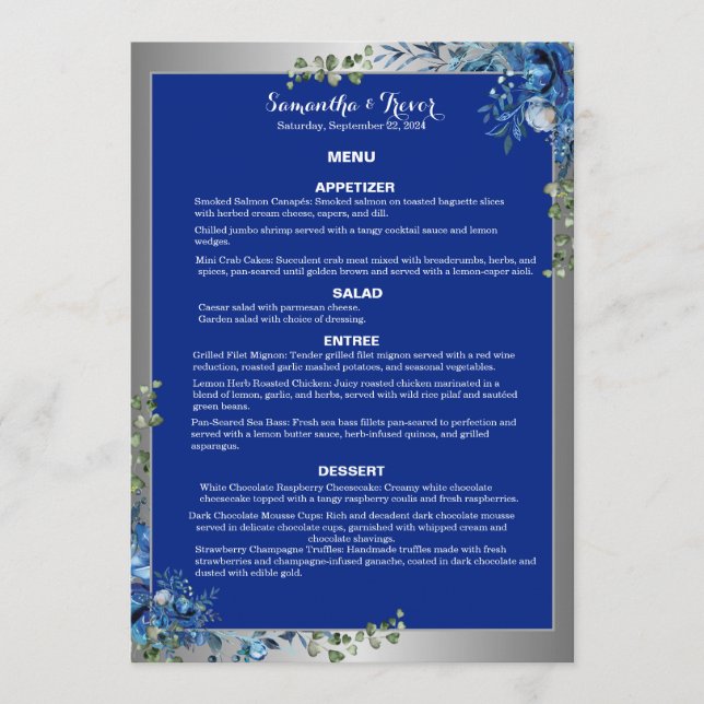 Lustrosa Silver, Blue Azure Dreams Dinner Menu Menükarte (Vorderseite)