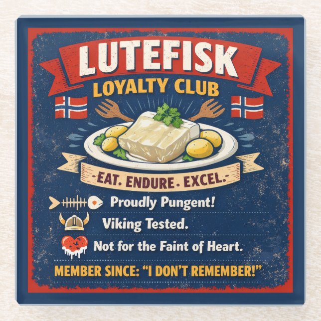 Lutefisk Loyalty Club Norwegian Glass Coaster Glasuntersetzer (Vorderseite)