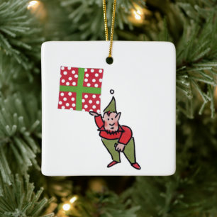 Lutin avec cadeau à pois ornement en céramique car