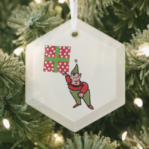 Lutins avec cadeau à pois ornement en verre hexago