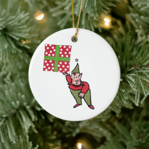 Lutins avec cadeau à pois ornement rond en céramiq