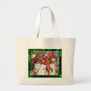Lutins joyeux emballant un sac cadeau