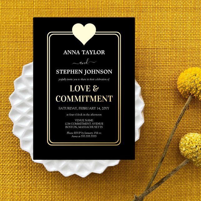Lux Black Gold Liebe & Commitment Zeremonie Folieneinladung (Luxurious gold foil on black commitment ceremony invitation.)