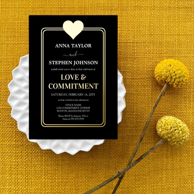Lux Black Gold Liebe & Commitment Zeremonie Folieneinladung (Luxurious gold foil on black commitment ceremony invitation.)