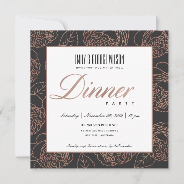 LUX BLUSH PINK ROSE GOLD BLACK FLORAL DINNER PARTY EINLADUNG (Vorderseite)