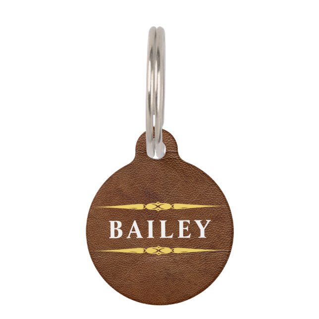 Lux Brown Leather & Gold Monogram Name Haustiermarke (Vorderseite)