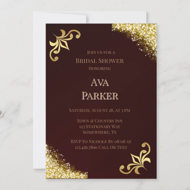 Lux Burgundy Gold Blüh Glitzer Brautparty Einladung (Vorderseite)