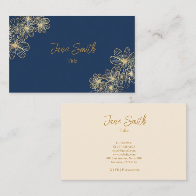 Lux Elegano Gold Blume | Blau Visitenkarte (Vorne/Hinten)