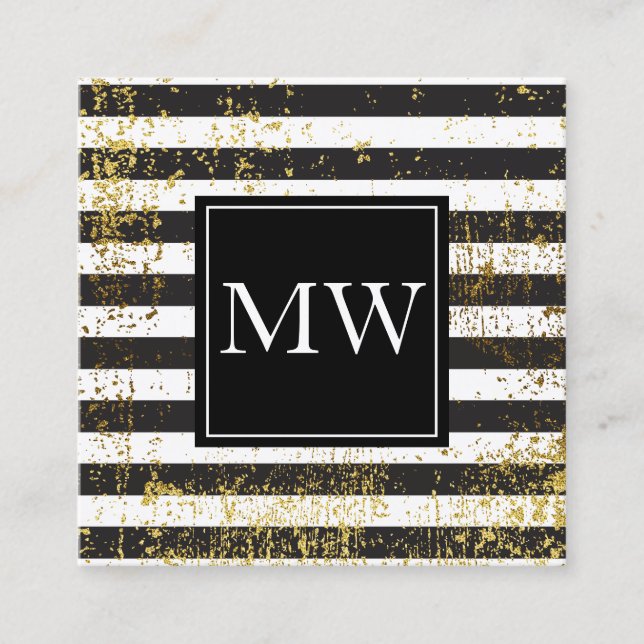 Lux Gold Grunge Monogram Schwarz-weiße Streifen Quadratische Visitenkarte (Vorderseite)