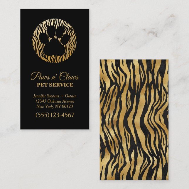 Lux Gold Tiger Print Paw Pet Service Carte de visi (Devant / Derrière)