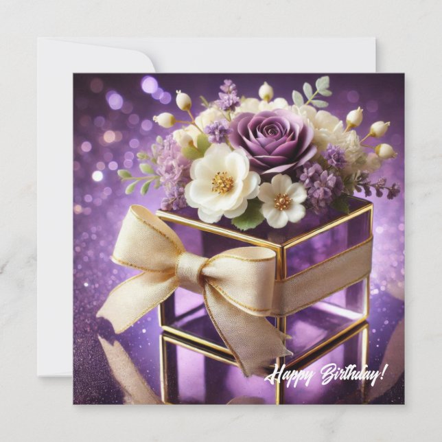 Lux lila Glas Blütengeschenk Goldchiffonbogen Feiertagskarte (Vorderseite)