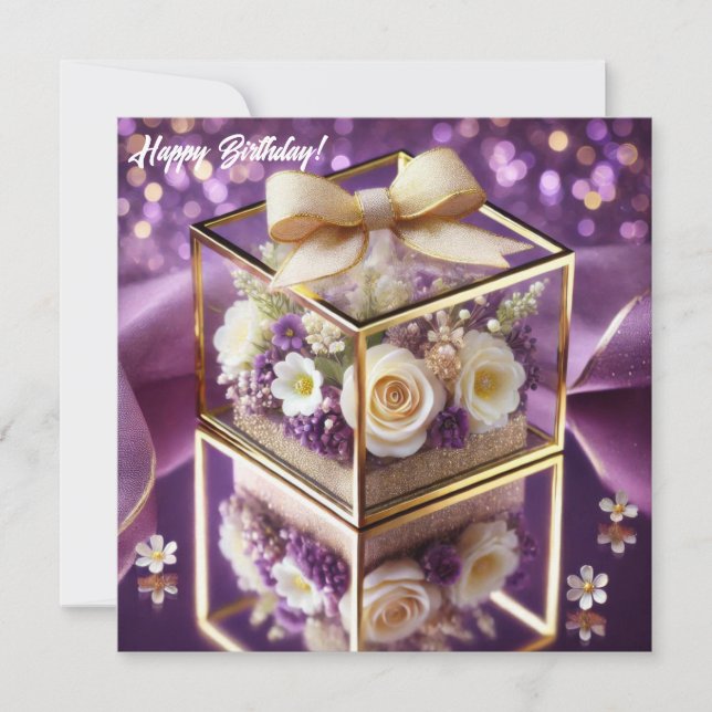 Lux lila Glas Blütengeschenk Goldchiffonbogen Feiertagskarte (Vorderseite)