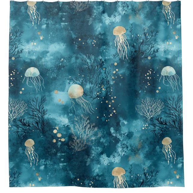 Lux Ocean Jellyfish & Coral Gold Pattern (3) Duschvorhang (Vorderseite)