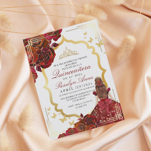 Lux Red Gold Rose Princess Quinceañera Einladung