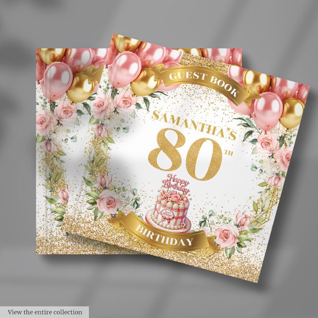 Luxe 80. Geburtstag Gästebuch Pink Gold Florals (Luxe 80th Birthday Guest Book Pink Gold Florals)