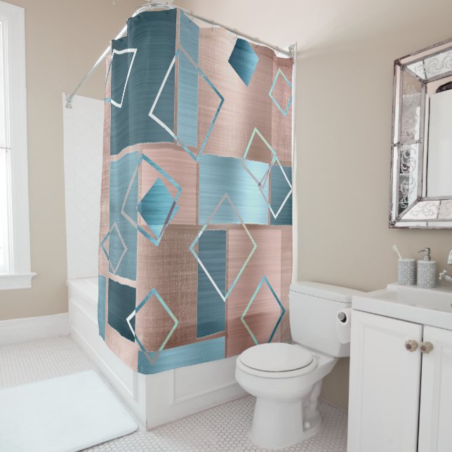 Luxe Abstrakt | Rose rot und Aquamarin geometrisch Duschvorhang (Beispiel)