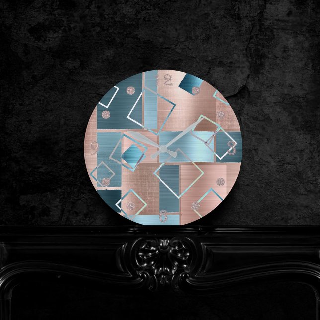 Luxe Abstrakt | Rose rot und Aquamarin geometrisch Runde Wanduhr (Von Creator hochgeladen)