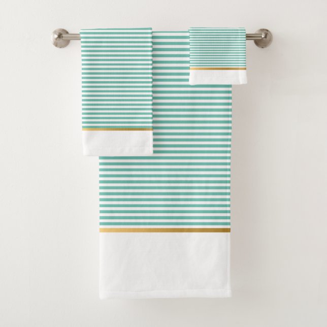 LUXE AQUA WHITE STRIPE GOLD BADEZIMMER TOWEL SET (Insitu)