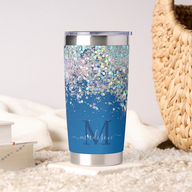 Luxe Aquamarin Blue Holographic Silver Glitzer Mon Thermobecher (Wohnzimmer)