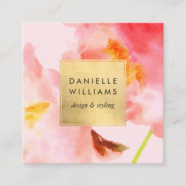 Luxe Aquarellfarben Rosa Florals mit Imitate Gold  Quadratische Visitenkarte (Vorderseite)