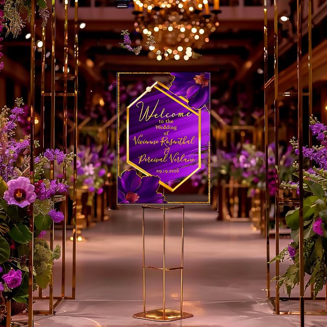 Luxe Asymmetrical Frame Purple Brush Stroke Floral (Modern Sleek Luminous Violets Color Splash Acrylic Wedding Welcome Sign )