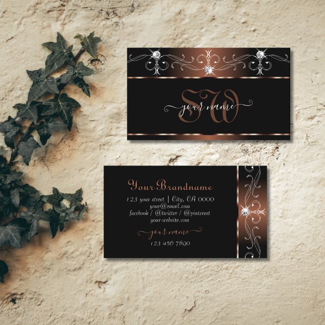 Luxe Black Brown Squiggles Sparkle Jewels Initials Visitenkarte (Von Creator hochgeladen)